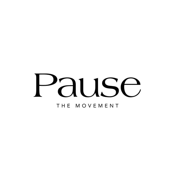 The Pause brand logo with the word 'Pause' in a black serif typeface and the subtitle 'THE MOVEMENT' in a smaller sans-serif font, centered on a light gray background.
