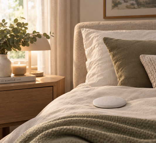 PAUSE Serano sleep sound speaker resting on soft neutral bedding in a calm, elegant bedroom